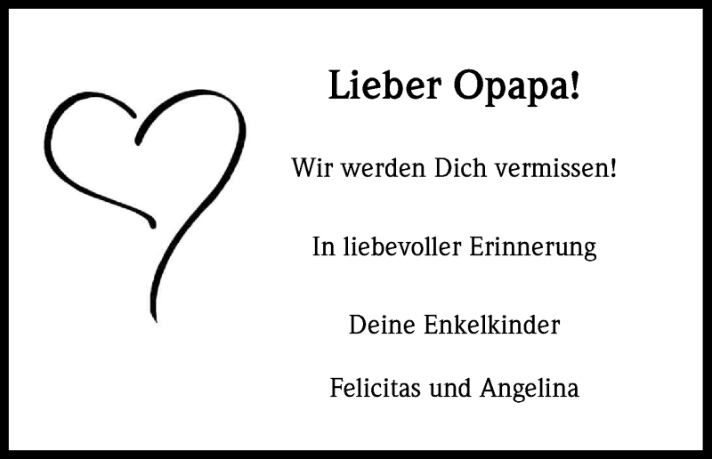  Traueranzeige für Opapa  vom 04.02.2017 aus Kölner Stadt-Anzeiger / Kölnische Rundschau / Express