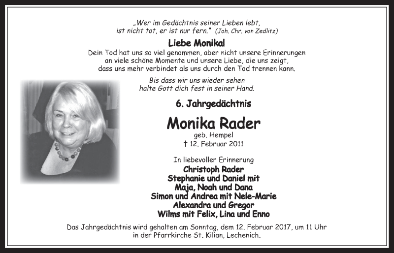  Traueranzeige für Monika Rader vom 08.02.2017 aus  Werbepost 