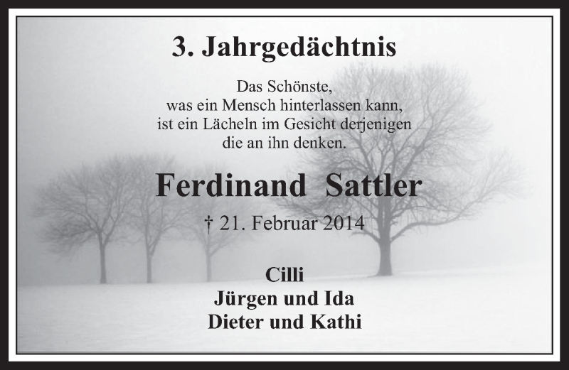  Traueranzeige für Ferdinand Sattler vom 22.02.2017 aus  Werbepost 