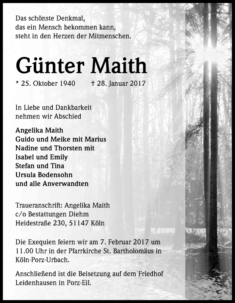 Traueranzeige für Günter Maith vom 04.02.2017 aus Kölner Stadt-Anzeiger / Kölnische Rundschau / Express