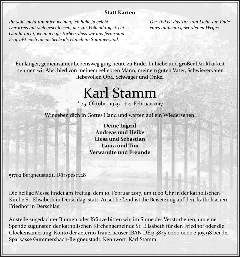  Traueranzeige für Karl Stamm vom 08.02.2017 aus  Anzeigen Echo 
