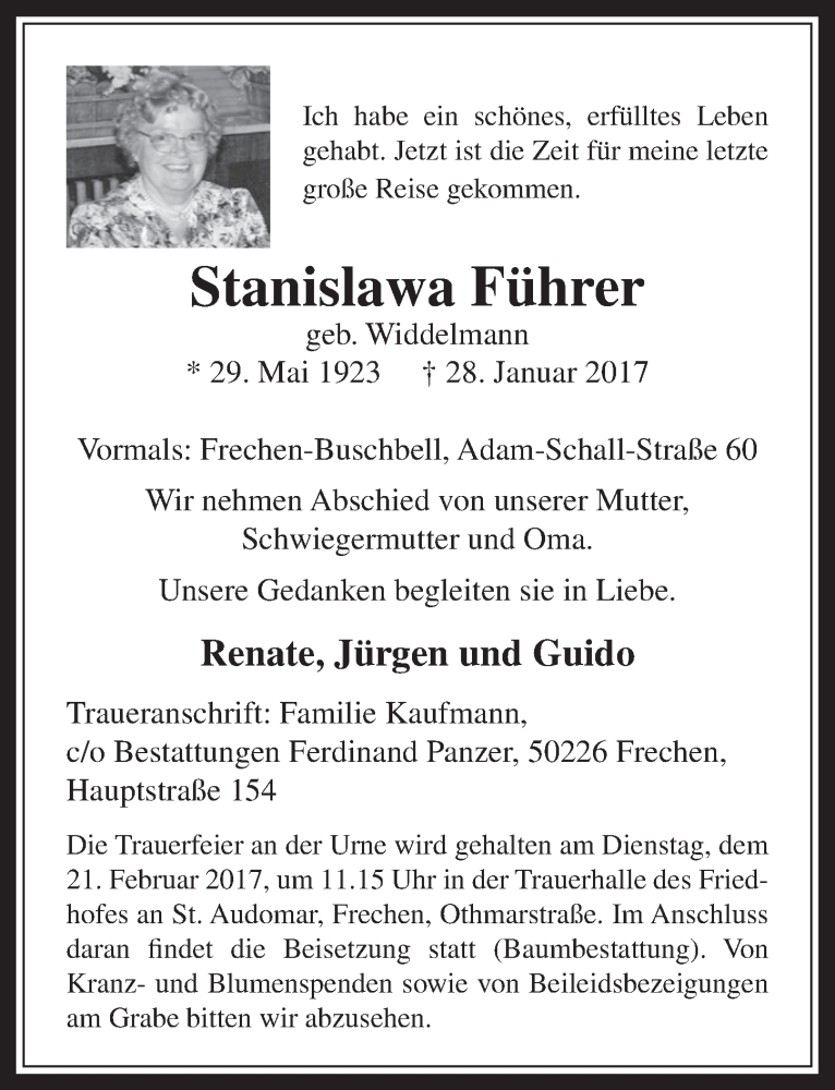  Traueranzeige für Stanislawa Führer vom 15.02.2017 aus  Wochenende 