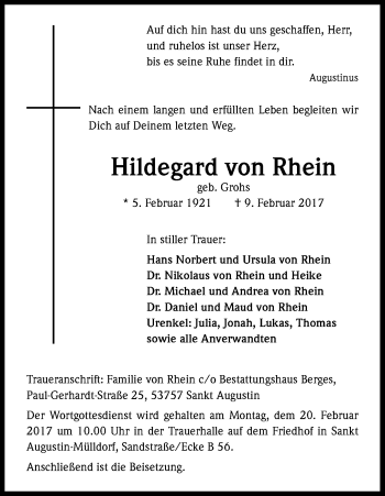 Anzeige von Hildegard von Rhein von Kölner Stadt-Anzeiger / Kölnische Rundschau / Express