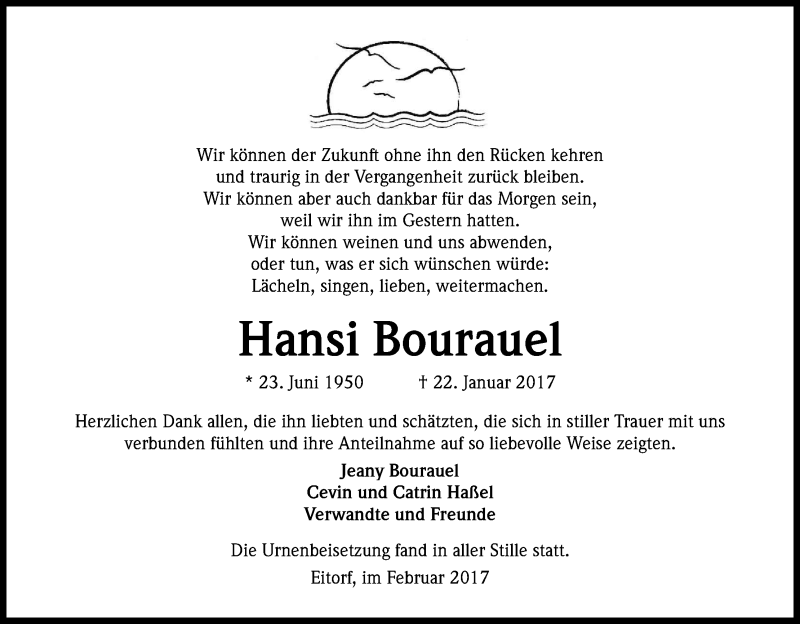  Traueranzeige für Hansi Bourauel vom 24.02.2017 aus Kölner Stadt-Anzeiger / Kölnische Rundschau / Express