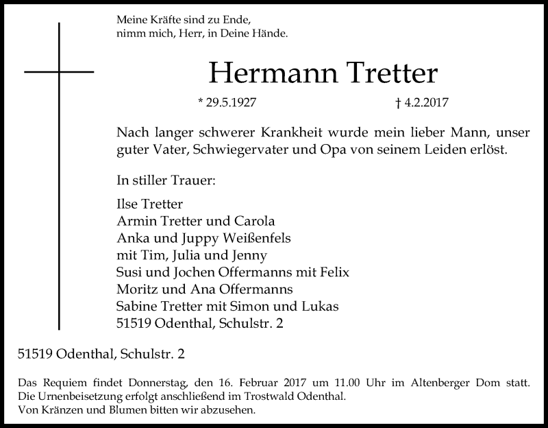  Traueranzeige für Hermann Tretter vom 11.02.2017 aus Kölner Stadt-Anzeiger / Kölnische Rundschau / Express