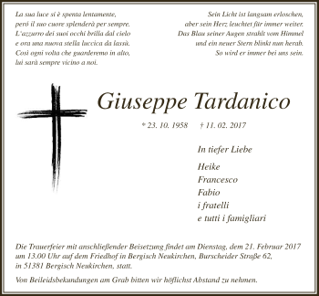 Anzeige von Giuseppe Tardanico von  Leverkusener Wochenende 