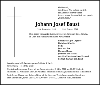 Anzeige von Johann Josef Baust von Kölner Stadt-Anzeiger / Kölnische Rundschau / Express