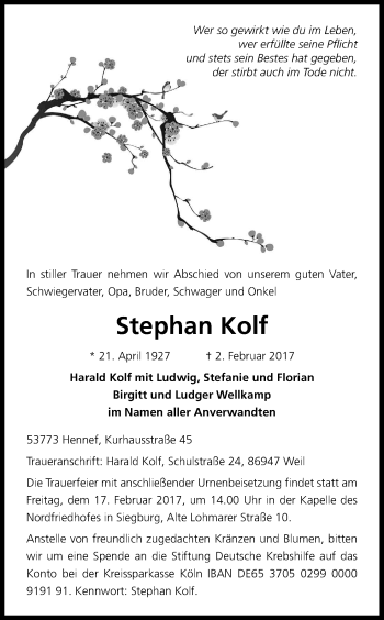 Anzeige von Stephan Kolf von Kölner Stadt-Anzeiger / Kölnische Rundschau / Express