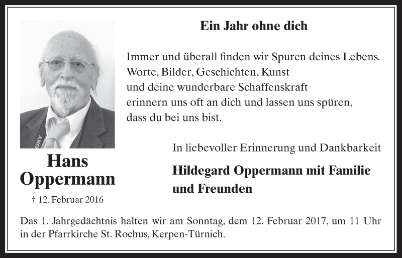  Traueranzeige für Hans Oppermann vom 08.02.2017 aus  Werbepost 