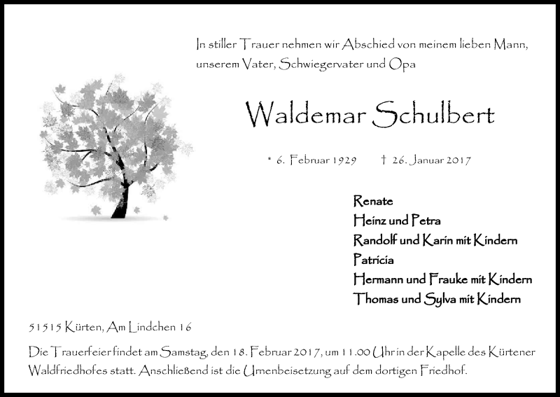  Traueranzeige für Waldemar Schulbert vom 04.02.2017 aus Kölner Stadt-Anzeiger / Kölnische Rundschau / Express