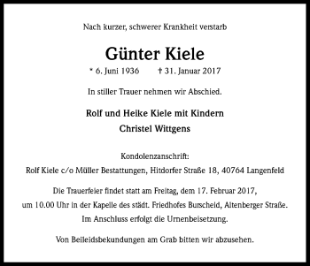 Anzeige von Günter Kiele von Kölner Stadt-Anzeiger / Kölnische Rundschau / Express