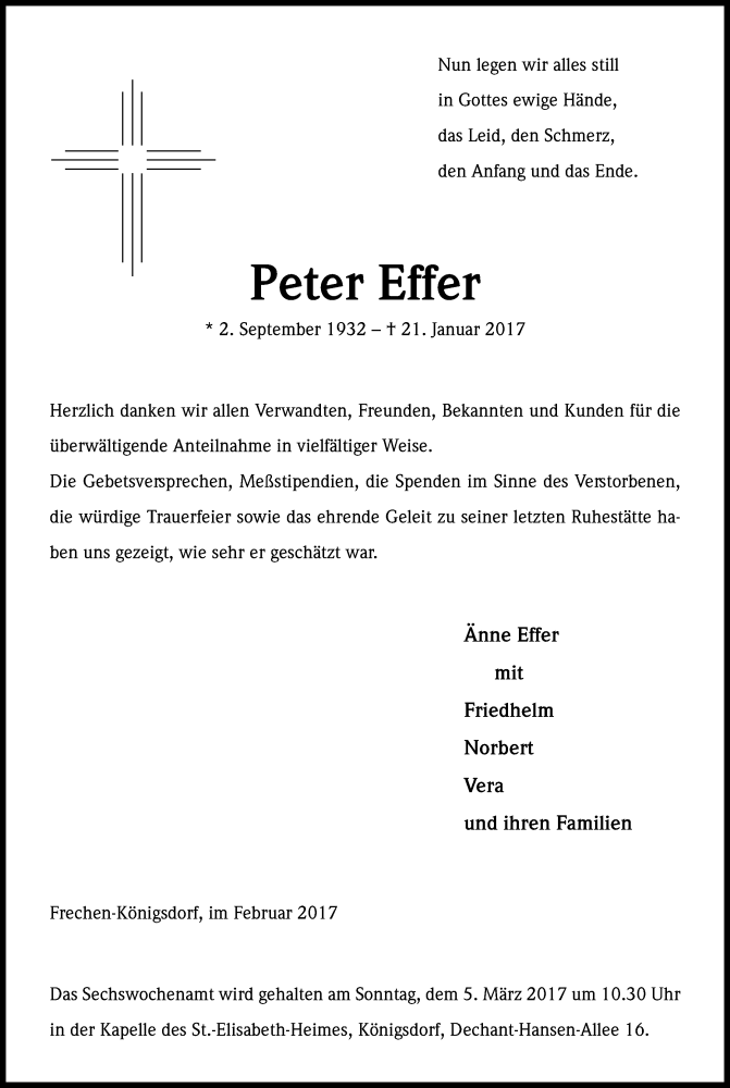  Traueranzeige für Peter Effer vom 25.02.2017 aus Kölner Stadt-Anzeiger / Kölnische Rundschau / Express