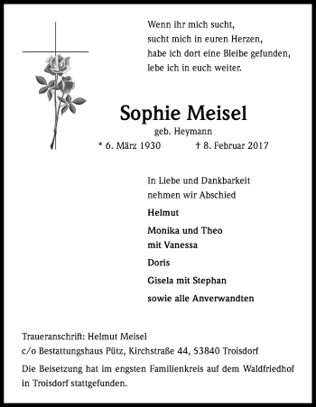 Anzeige von Sophie Meisel von Kölner Stadt-Anzeiger / Kölnische Rundschau / Express