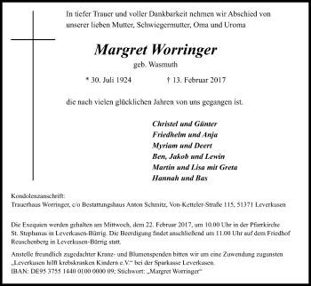 Anzeige von Margret Worringer von Kölner Stadt-Anzeiger / Kölnische Rundschau / Express