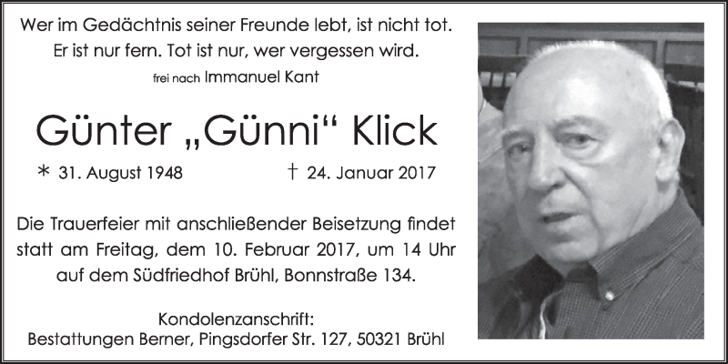  Traueranzeige für Günter  Klick vom 08.02.2017 aus  Schlossbote/Werbekurier 