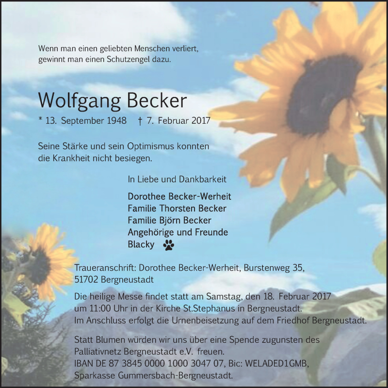  Traueranzeige für Wolfgang Becker vom 15.02.2017 aus  Anzeigen Echo 