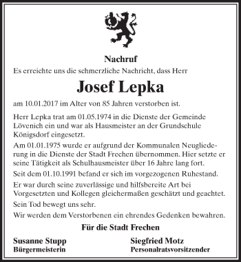 Anzeige von Josef Lepka von  Sonntags-Post 