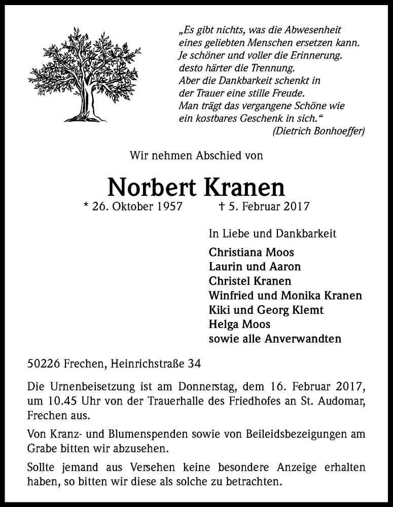  Traueranzeige für Norbert Kranen vom 11.02.2017 aus Kölner Stadt-Anzeiger / Kölnische Rundschau / Express