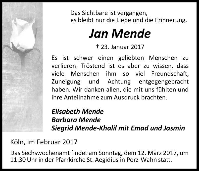  Traueranzeige für Jan Mende vom 11.02.2017 aus Kölner Stadt-Anzeiger / Kölnische Rundschau / Express