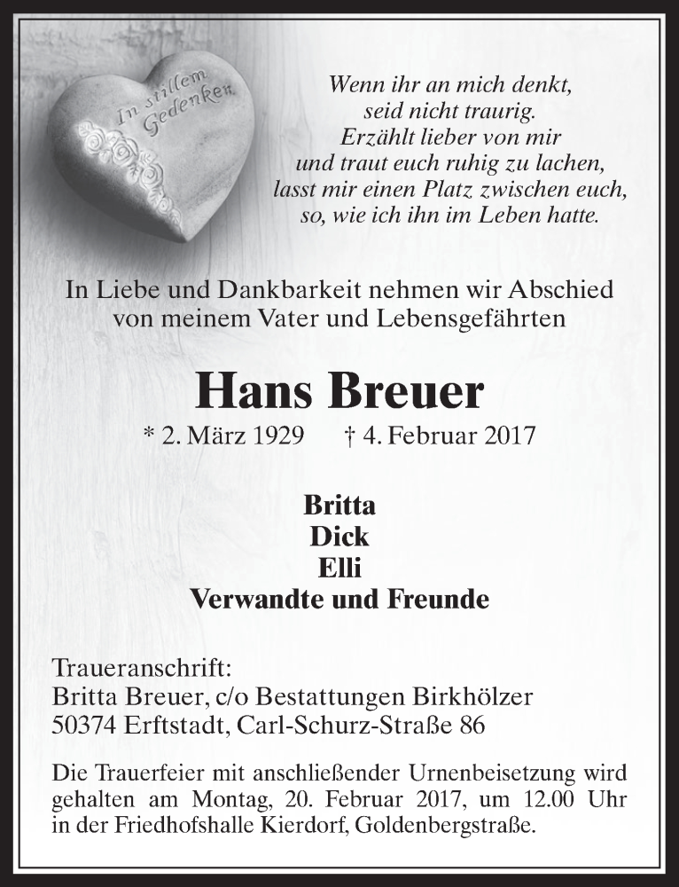  Traueranzeige für Hans Breuer vom 15.02.2017 aus  Werbepost 