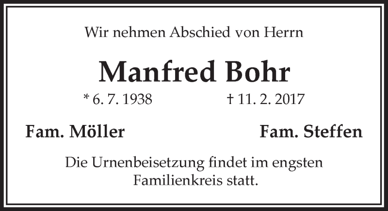  Traueranzeige für Manfred Bohr vom 18.02.2017 aus  Sonntags-Post 