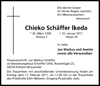 Anzeige von Chieko Schäffer Ikeda von Kölner Stadt-Anzeiger / Kölnische Rundschau / Express