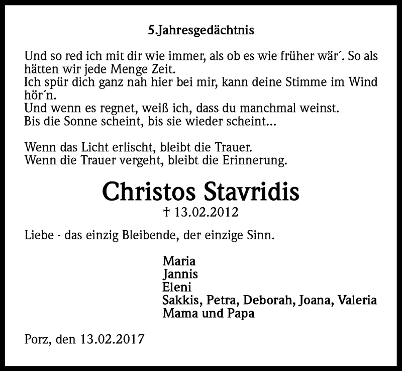  Traueranzeige für Christos Stavridis vom 13.02.2017 aus Kölner Stadt-Anzeiger / Kölnische Rundschau / Express