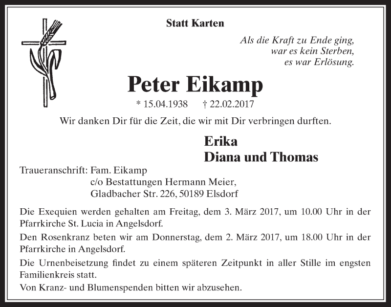  Traueranzeige für Peter Eikamp vom 01.03.2017 aus  Werbepost 