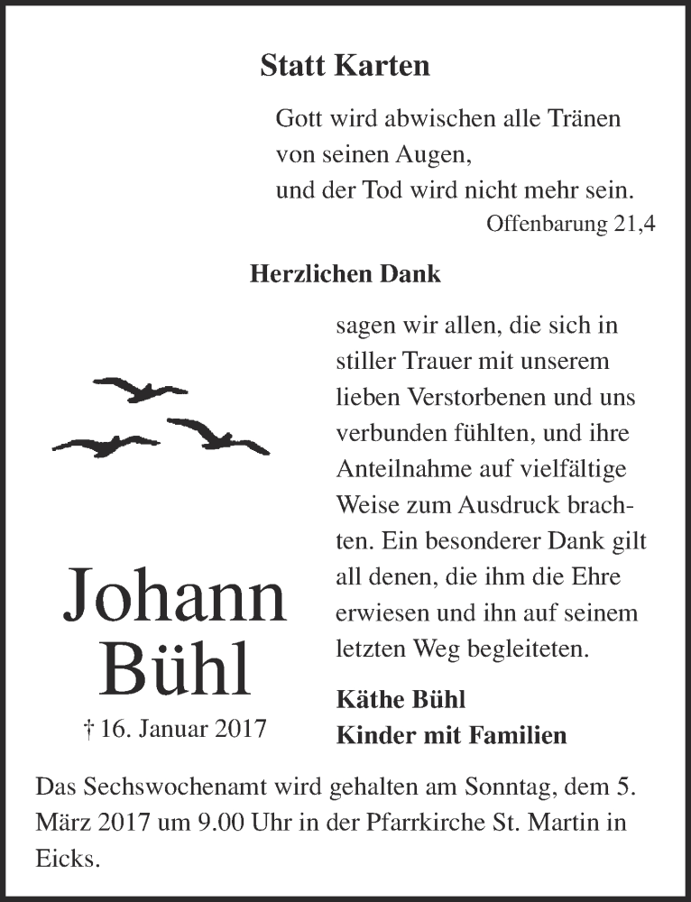  Traueranzeige für Johann Bühl vom 25.02.2017 aus  Blickpunkt Euskirchen 