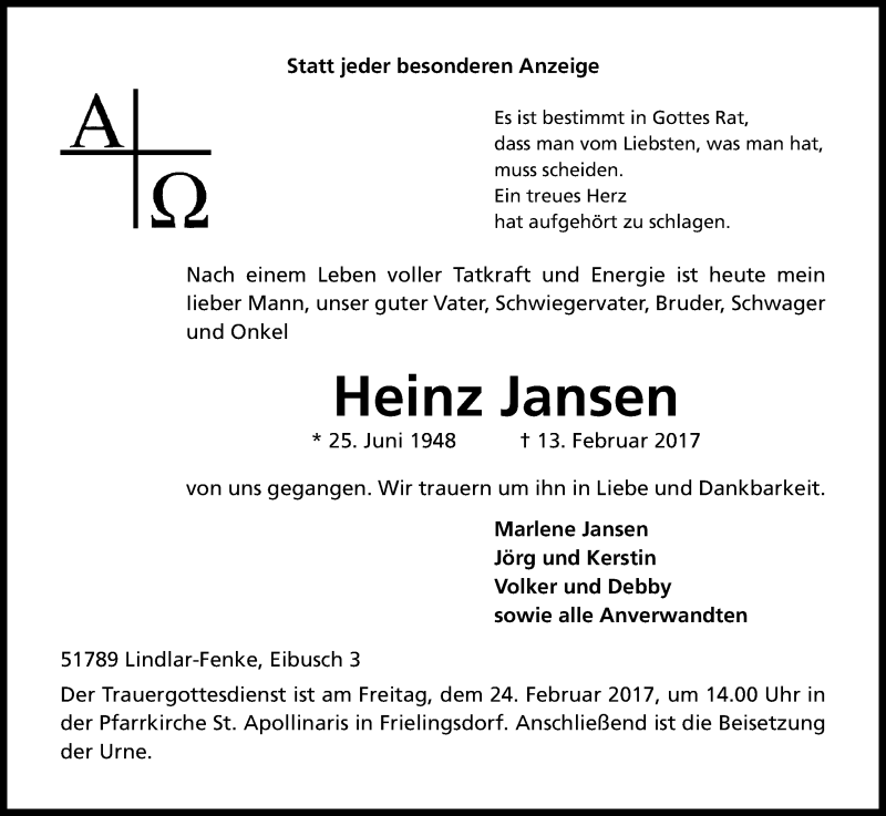  Traueranzeige für Heinz Jansen vom 17.02.2017 aus Kölner Stadt-Anzeiger / Kölnische Rundschau / Express