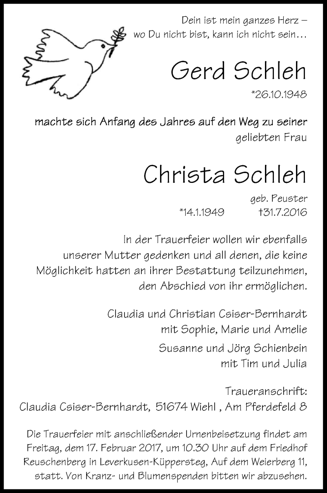  Traueranzeige für Christa und Gerd Schleh vom 08.02.2017 aus Kölner Stadt-Anzeiger / Kölnische Rundschau / Express