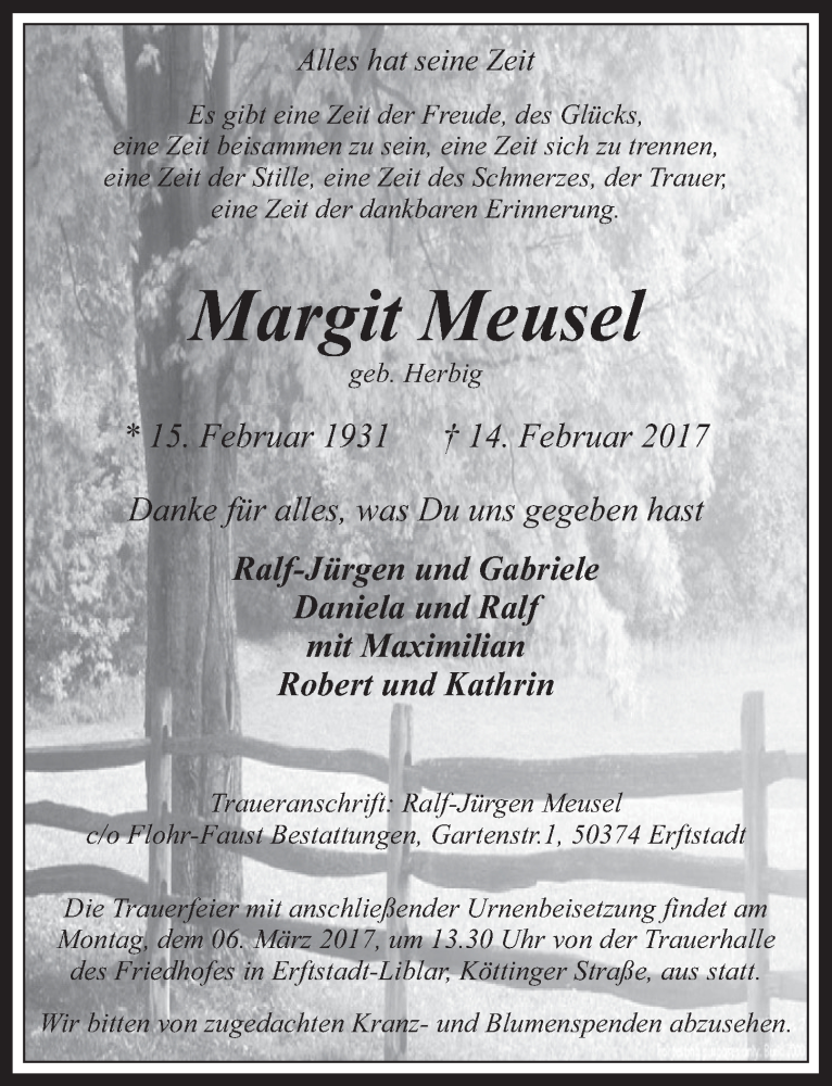  Traueranzeige für Margit Meusel vom 22.02.2017 aus  Werbepost 