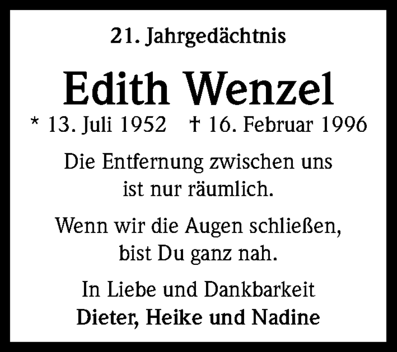  Traueranzeige für Edith Wenzel vom 17.02.2017 aus Kölner Stadt-Anzeiger / Kölnische Rundschau / Express