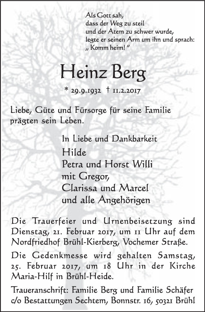  Traueranzeige für Heinz  Berg vom 15.02.2017 aus  Schlossbote/Werbekurier 