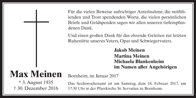  Traueranzeige für Max Meinen vom 08.02.2017 aus  Schaufenster/Blickpunkt 