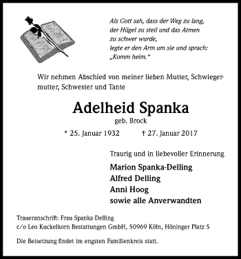 Anzeige von Adelheid Spanka von Kölner Stadt-Anzeiger / Kölnische Rundschau / Express