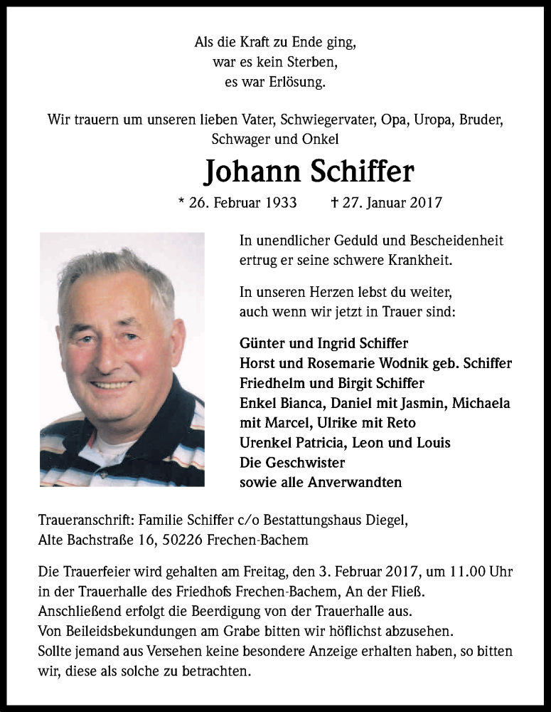  Traueranzeige für Johann Schiffer vom 02.02.2017 aus Kölner Stadt-Anzeiger / Kölnische Rundschau / Express