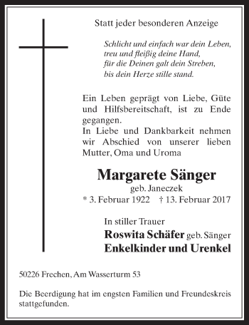 Anzeige von Margarete Sänger von  Wochenende 