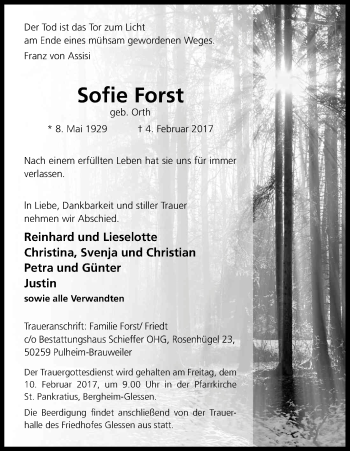 Anzeige von Sofie Forst von Kölner Stadt-Anzeiger / Kölnische Rundschau / Express