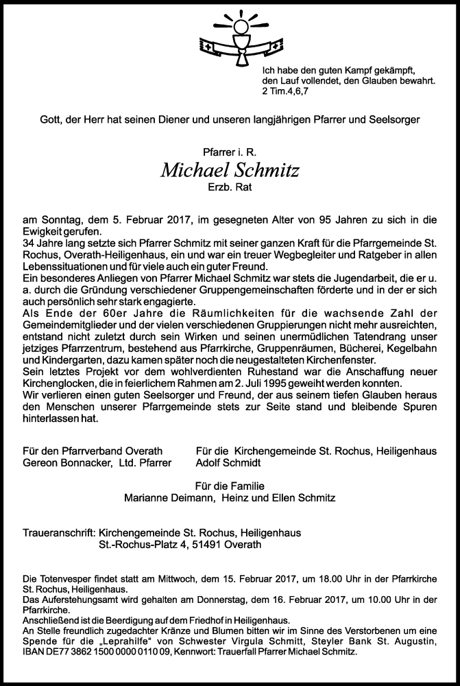  Traueranzeige für Michael Schmitz vom 11.02.2017 aus Kölner Stadt-Anzeiger / Kölnische Rundschau / Express