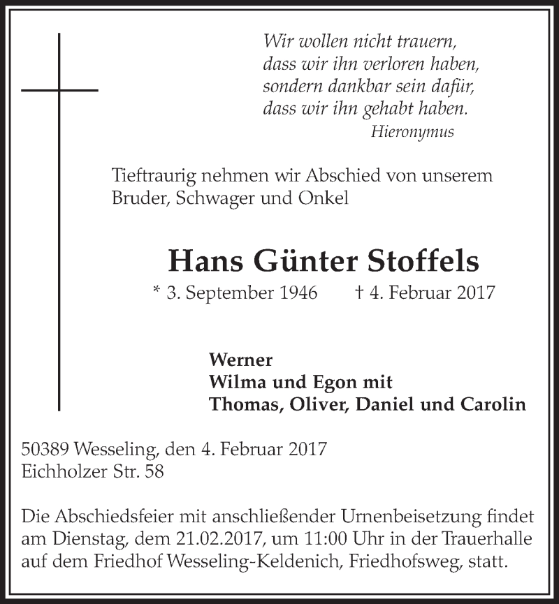  Traueranzeige für Hans Günter Stoffels vom 15.02.2017 aus  Schlossbote/Werbekurier 