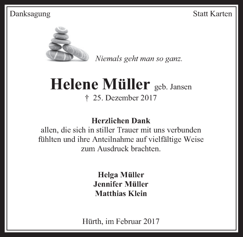  Traueranzeige für Helene Müller vom 08.02.2017 aus  Wochenende 