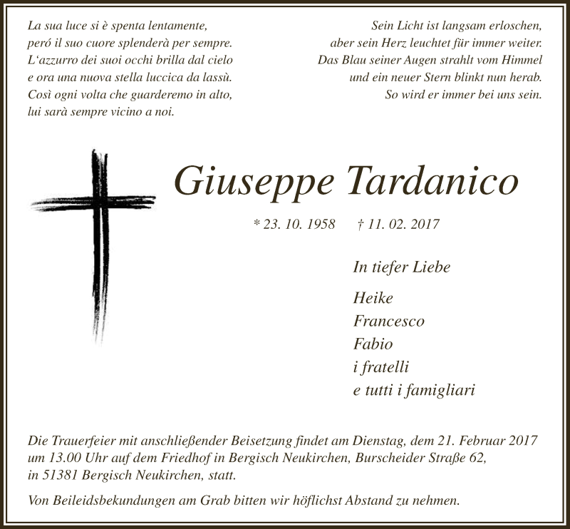  Traueranzeige für Giuseppe Tardanico vom 18.02.2017 aus  Leverkusener Wochenende 