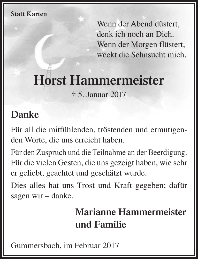  Traueranzeige für Horst Hammermeister vom 08.02.2017 aus  Anzeigen Echo 