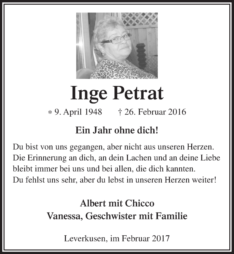  Traueranzeige für Inge Petrat vom 22.02.2017 aus  Lokale Informationen 