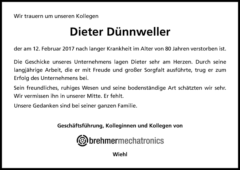  Traueranzeige für Dieter Dünnweller vom 17.02.2017 aus Kölner Stadt-Anzeiger / Kölnische Rundschau / Express