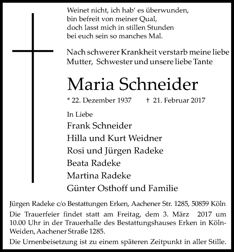  Traueranzeige für Maria Schneider vom 25.02.2017 aus Kölner Stadt-Anzeiger / Kölnische Rundschau / Express