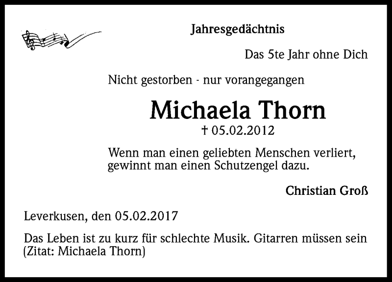  Traueranzeige für Michaela Thorn vom 04.02.2017 aus Kölner Stadt-Anzeiger / Kölnische Rundschau / Express