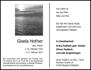 Anzeige von Gisela Hofner von Kölner Stadt-Anzeiger / Kölnische Rundschau / Express