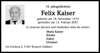 Anzeige von Felix Kaiser von Kölner Stadt-Anzeiger / Kölnische Rundschau / Express